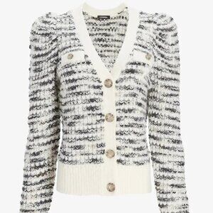 Express Gray and White Knit Puff Shoulder Cardigan Sweater, Altered (XXS)